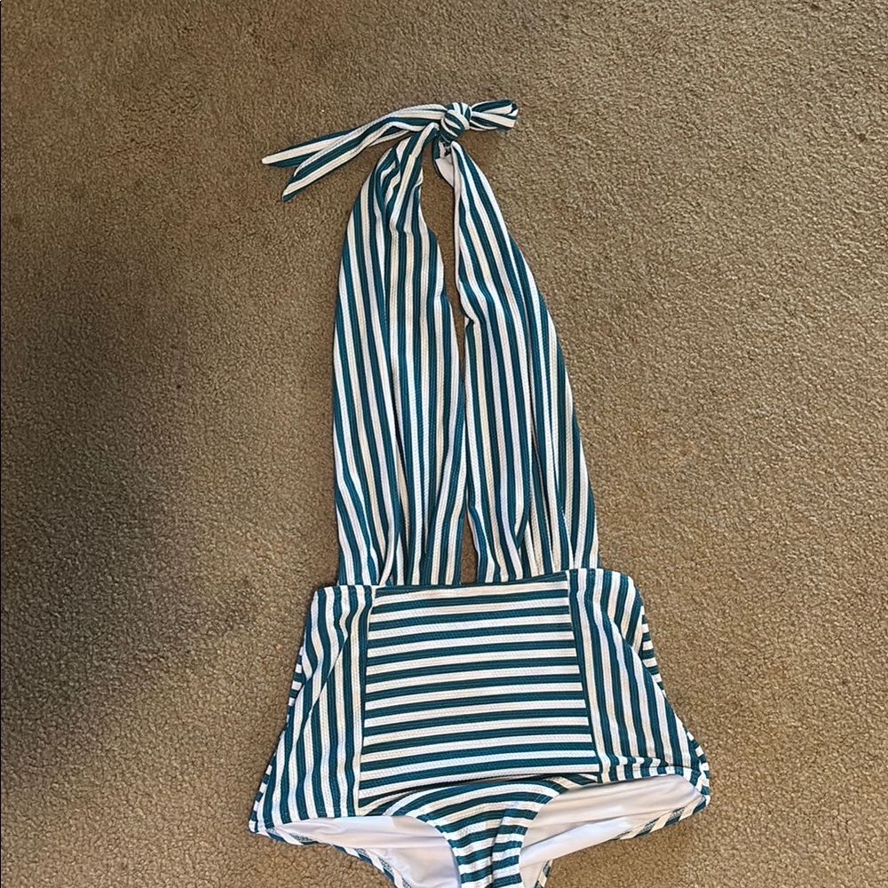 COCOSHIP Teal and White Striped One Piece Swimsuit